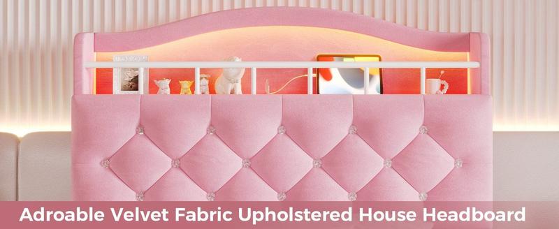Sikaic Twin Size Princess Velvet Upholstered LED Bed Frame Pink Headboard & Storage Charging Station with RGB Lighting & 2 Outlets for Kids
