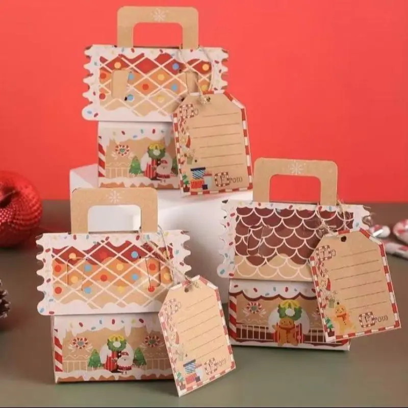 Gingerbread House/Santa Claus DesignGift Box,5 Counts/set Gift CandyCookie Snack Box with Tag, Party FavorBox for Christmas Birthday Party