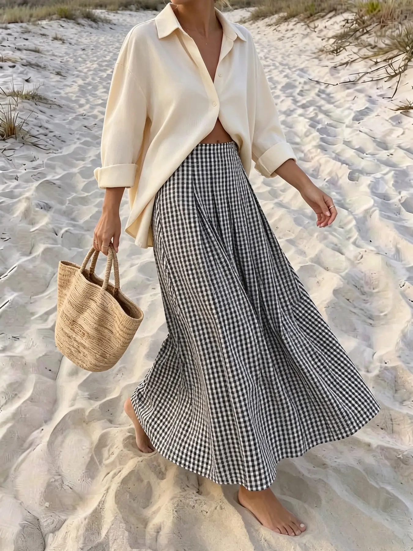 Plaid Midi Skirt, High Waist Pleated A-Line Dress, Summer Beach Vacation Style, Women's Elegant Loose-Fitting Skirt, Beach Party Skirt, Printed Skirt