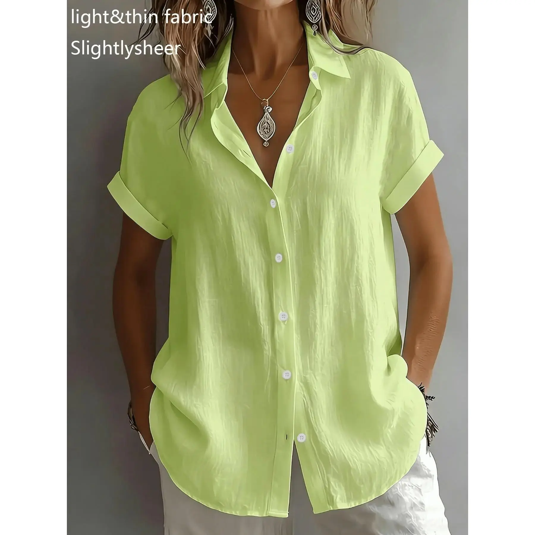 Women's Elegant Breathable Fabric Collared Shirt Top, Casual Loose Short Sleeve Button Office Wear, Summer Comfortable Style Blouse