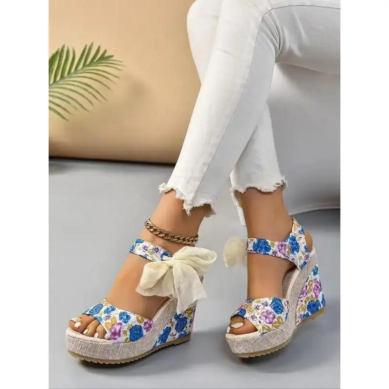 Women's Floral Print Bowknot Wedge Sandals - Boho Casual Peep Toe Summer Shoes, Lightweight Breathable Daily Outings Footwear, Girls' Gift Option, Synthetics