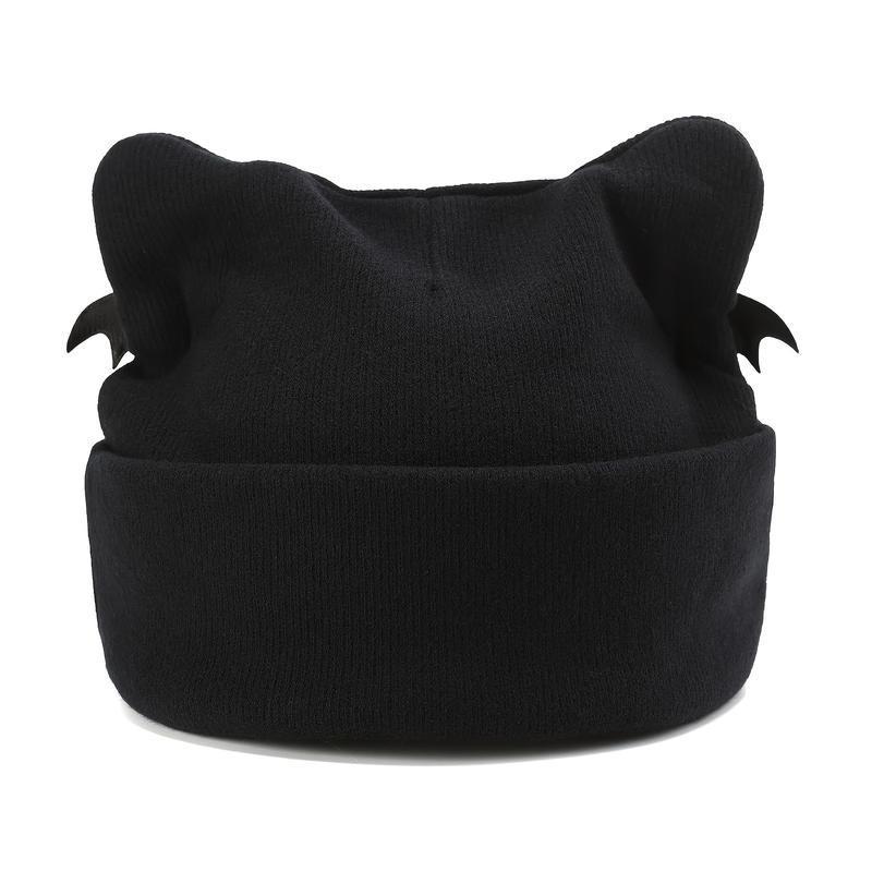Women’s Gothic Cat Ear Beanie with Punk Chain & Bat Charm, Y2K Grunge Winter Cap, Adjustable, Machine Washable, Black Streetwear Accessory