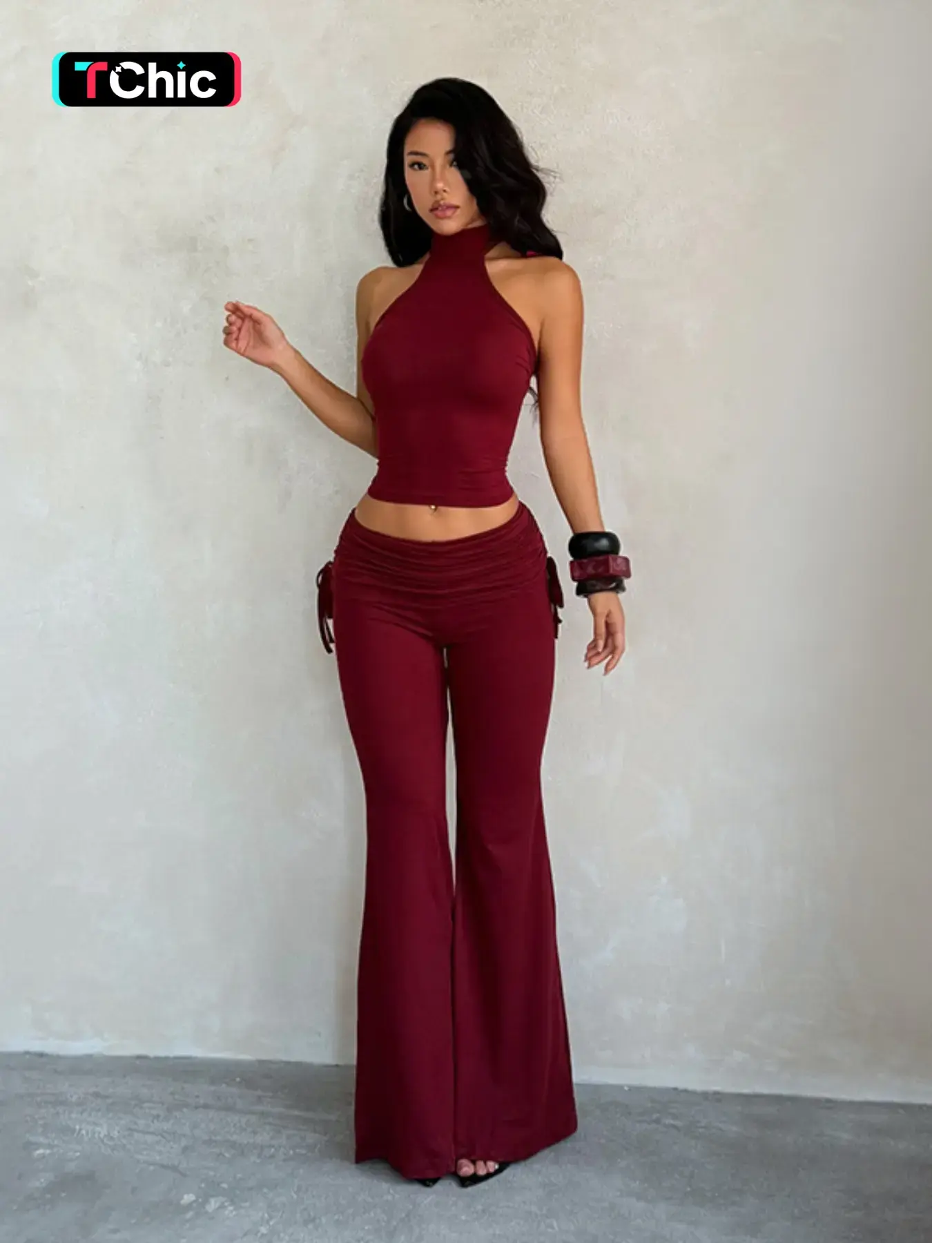 Strapless Backless Top and High-Waisted Pants Set, Sexy Slim-Fitting Suit, Plain Pattern, Outer Vest, Clothing Type: Suit