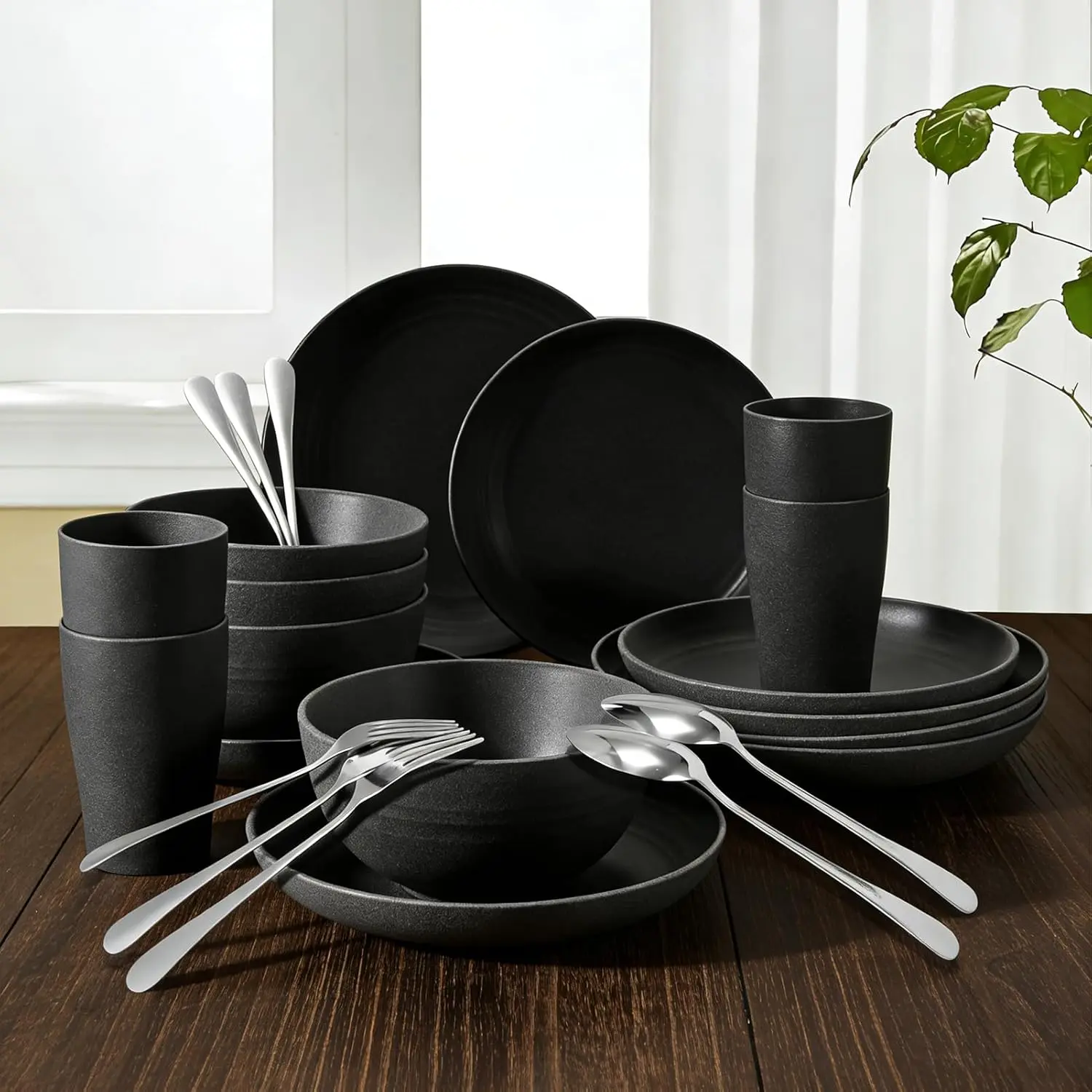 24-Piece Unbreakable Wheat Straw Outdoor Dining Set for 4 - Round Tableware Set with Stainless Steel Forks, Plates & Bowls for Camping, Picnic RV Essentials - Black, Cutlery, Includes Forks, Round Plates, Round Set