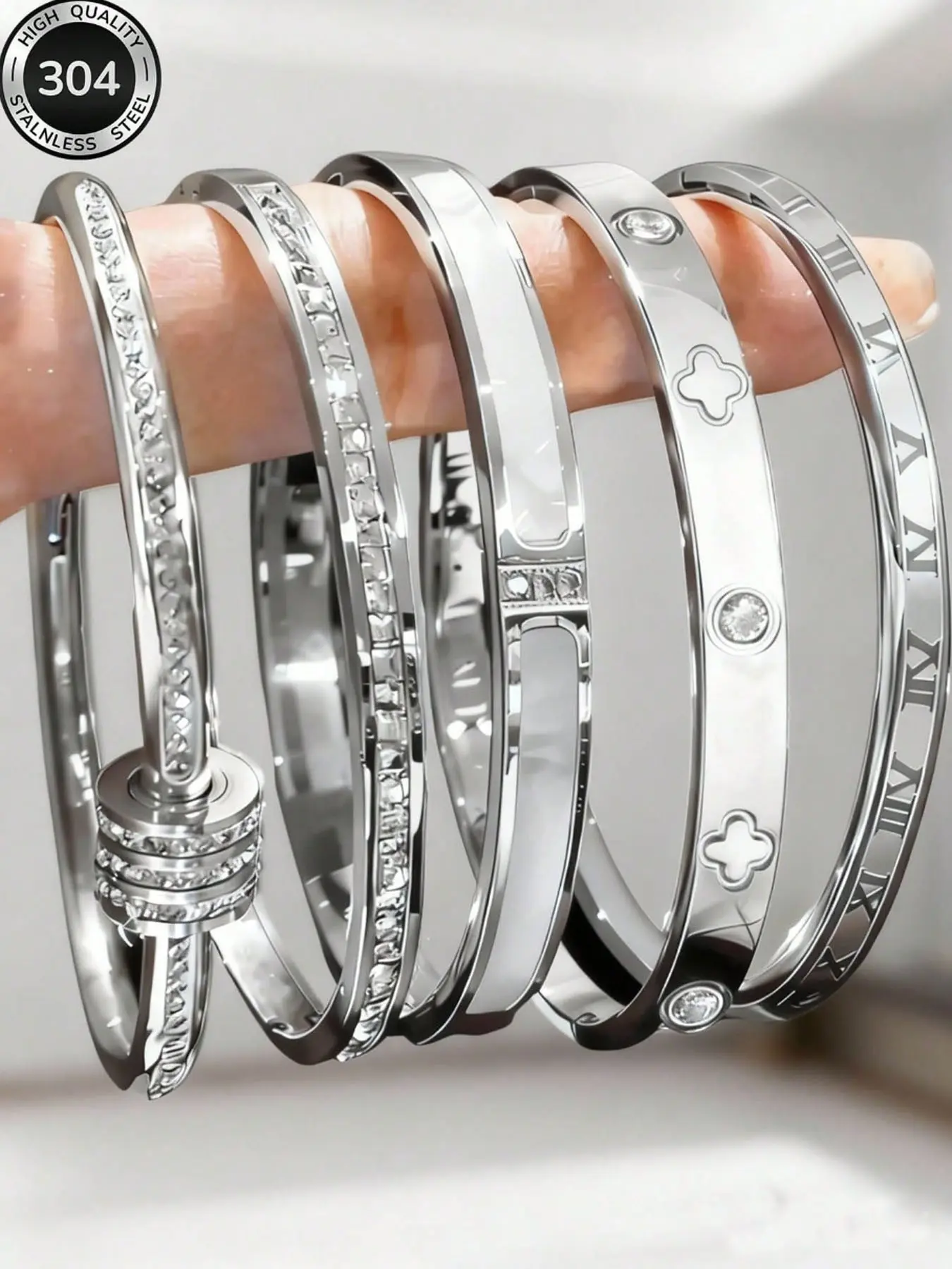 2026 New Stainless Steel Ring, Multiple Designs, Roman Numerals, Clover, Rhinestone, Stackable, Low Allergy, Luxury Accessory, Holiday Gift