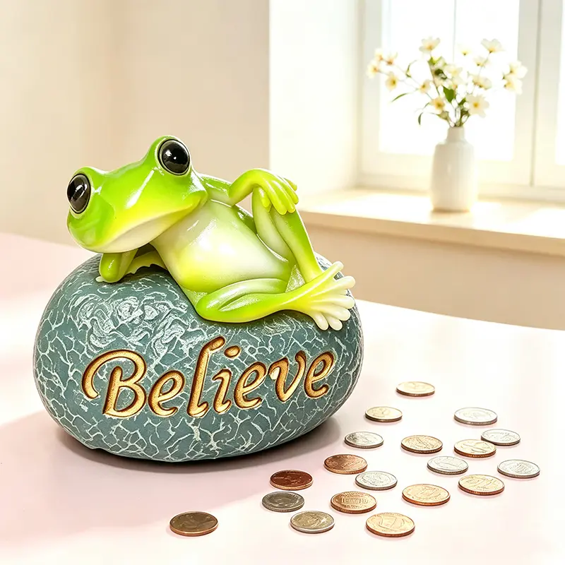Believe Frog Statue Resin Lazy Frog Lying On Stone Figurine Home Desktop Ornament Cute Animal Sculpture Decor Indoor Office Table Display Holiday Birthday Gift For Friends