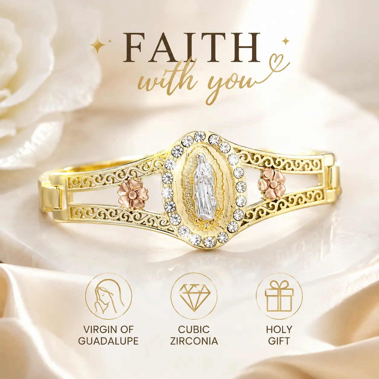 Cubic Zirconia Christian Dainty Charm Rhinestone Gold Jewelry Women's Virgin of Guadalupe Bracelets Holy Gifts