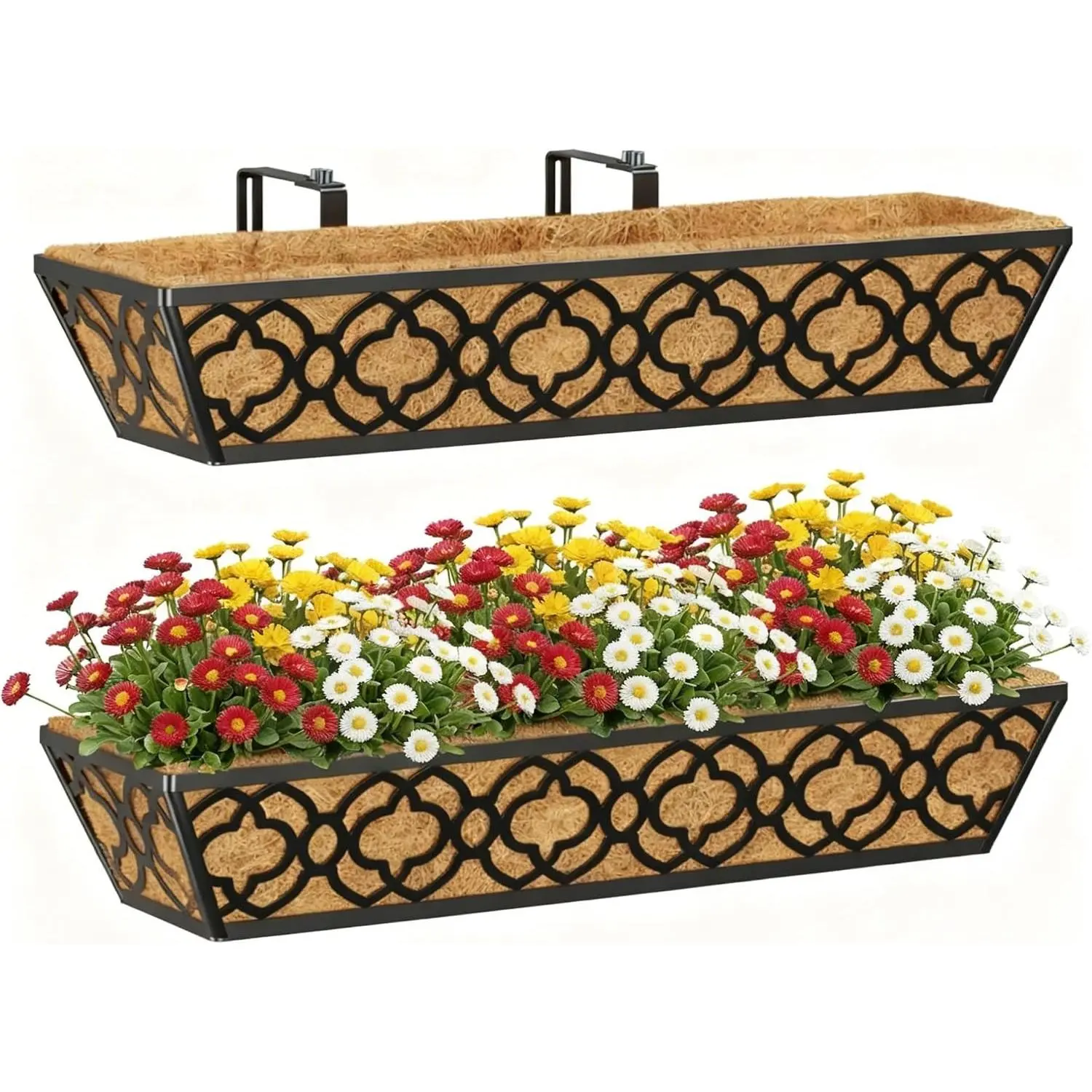Deck Railing Planter Boxes, Adjustable Balcony Planter for Outdoor Plants, Metal Railing Planter Box for Deck, Fence and Porch, Window Boxes Outdoor, Sturdy Hanging Planter-24inch 2pcs