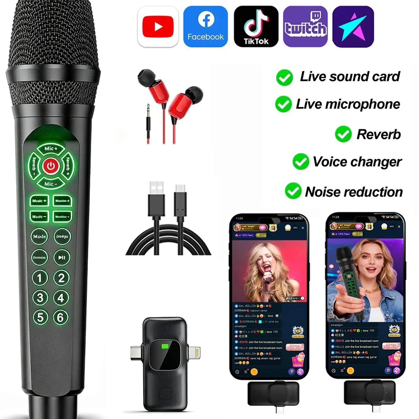 All-in-One Live Streaming Portable Microphone with in Sound Card, Bluetooth Real-Time Monitoring Voice Changer Mic Kit for TikTok YouTube Starter Mobile Podcast Recording
