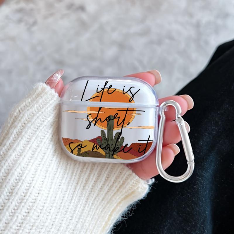 Cactus and Sundown Pattern TPU Soft Protective Case for Apple AirPods 4/3/2/1/Pro/Pro2 Transparent Earphone Cover with Keychain Attachment