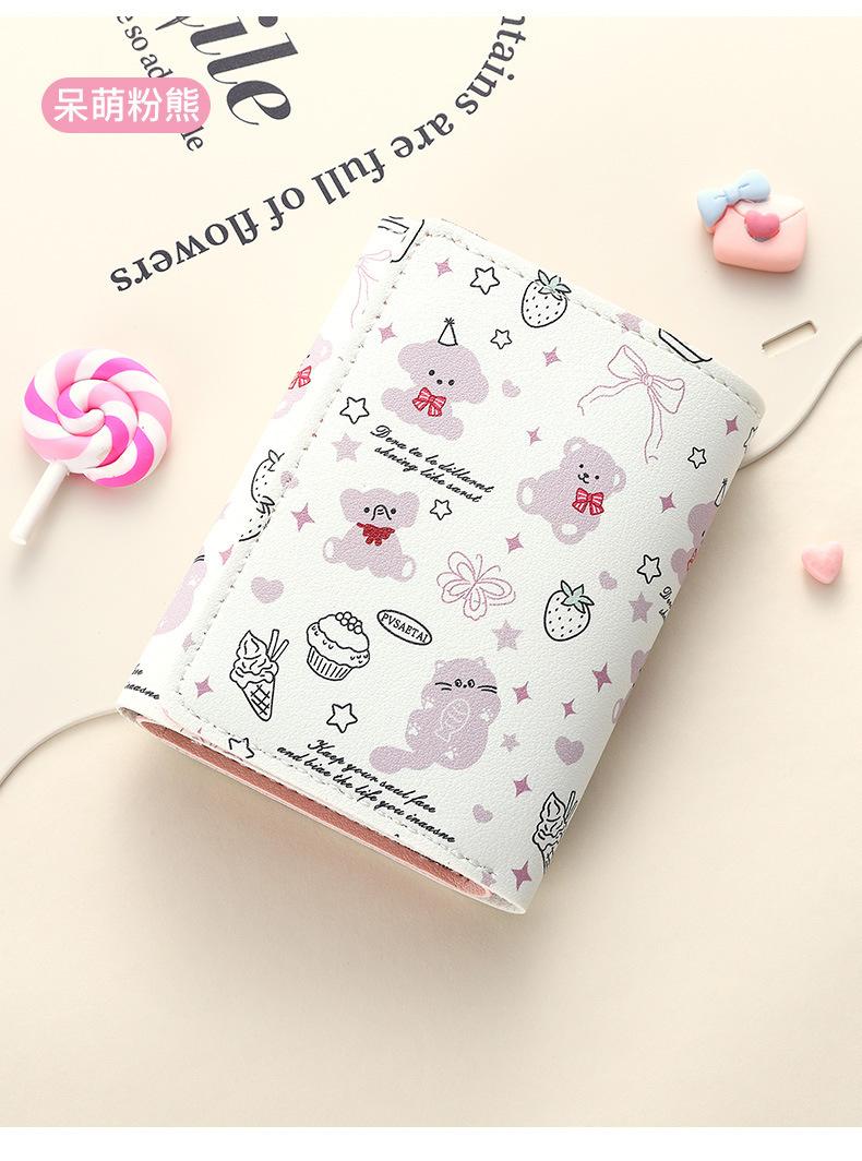 Strawberry Bear Print Wallet for Women Cute 3-Fold Short PU Leather Purse with Card Slots ID Window Portable Coin Purse for Everyday Carry