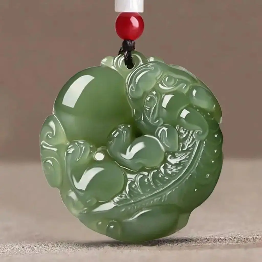 Natural Hetian Jade Jasper Feng Shui Brave Button Pendant, Unisex Lake Green Peace Jewelry, Ideal Gift for Couple Necklaces & Pendants