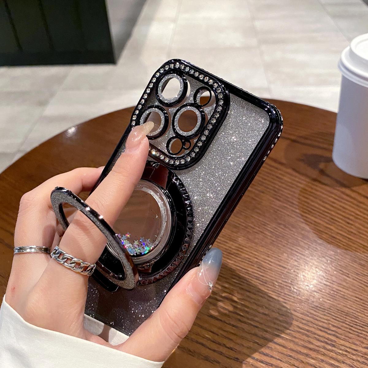 OREKROY Glitter Kickstand Case for iPhone 16 15 Pro Max 16 Plus 15/14/13/12, Luxury Bling Sparkly Diamond Rhinestones with Camera Protector Liquid Flowing Ring Stand TPU Bumper Women Girls Case Gift