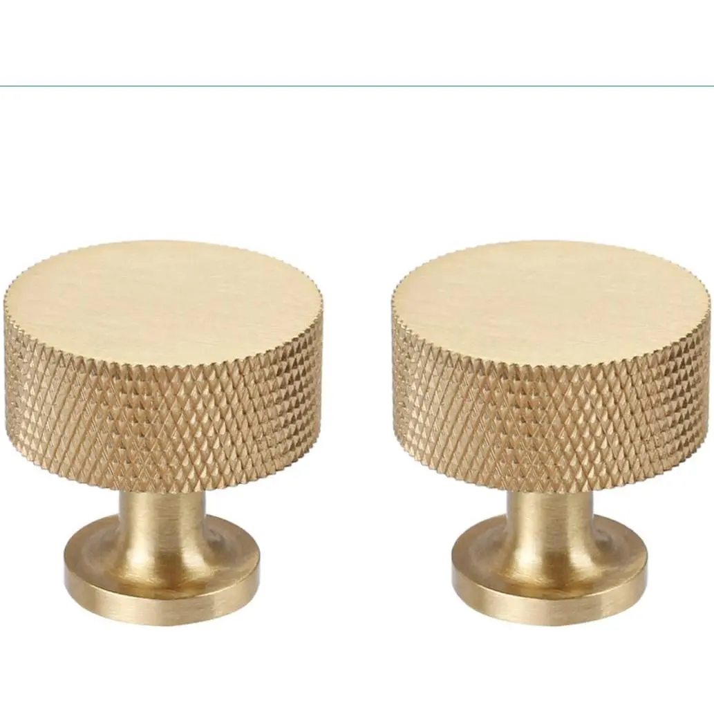 2 count Solid Brass Cabinet Knobs Pulls Cabinet Drawer Dresser  Knobs Modern Knurled Handles (1"x1"/25mmx25mm), Brushed Brass Finish