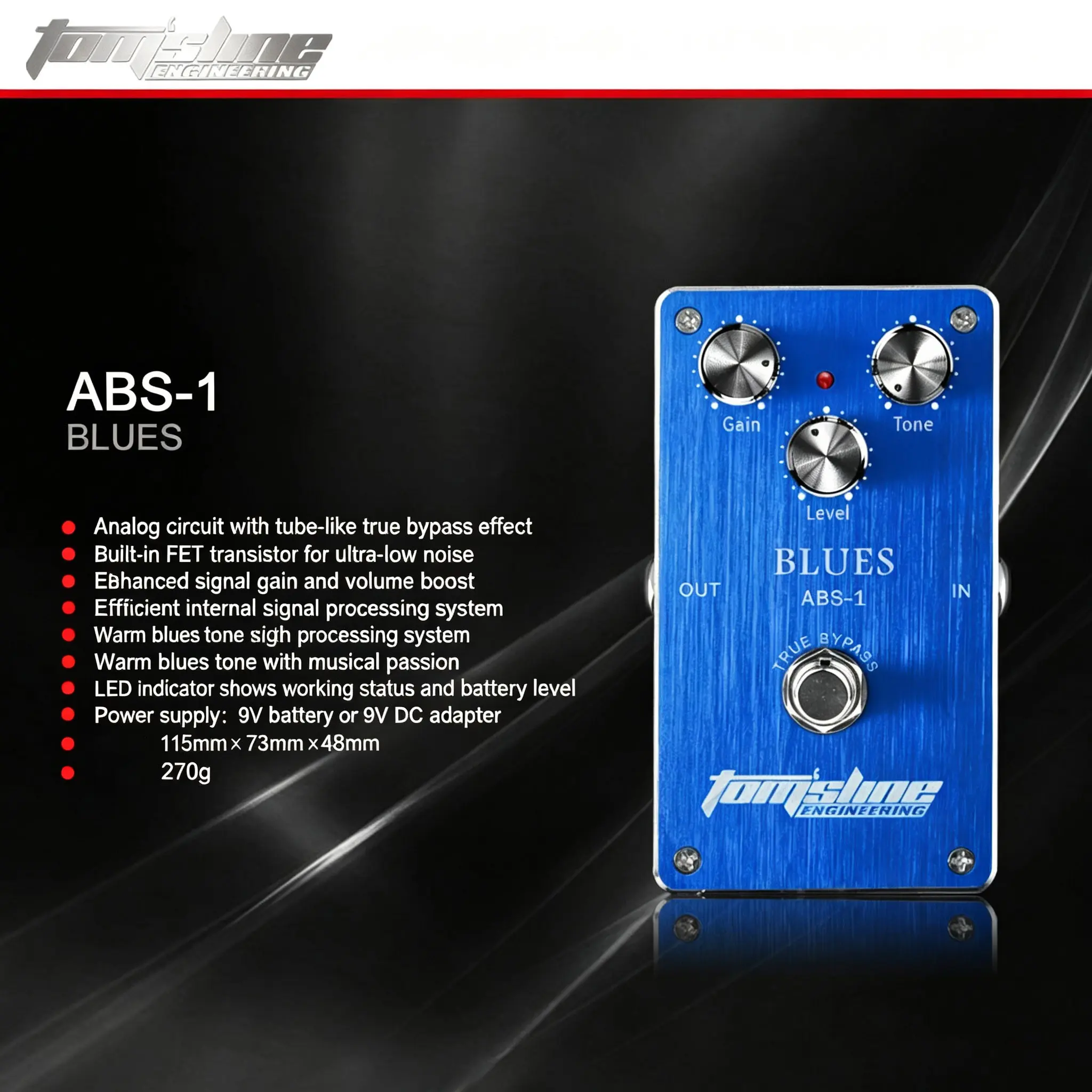 Anoma Abs-1 Blues Distortion Guitar Effects Pedal, Fet Transistor Circuit, High Gain, Low Noise, Dual 9v Power, Ideal for Practice and Home Use
