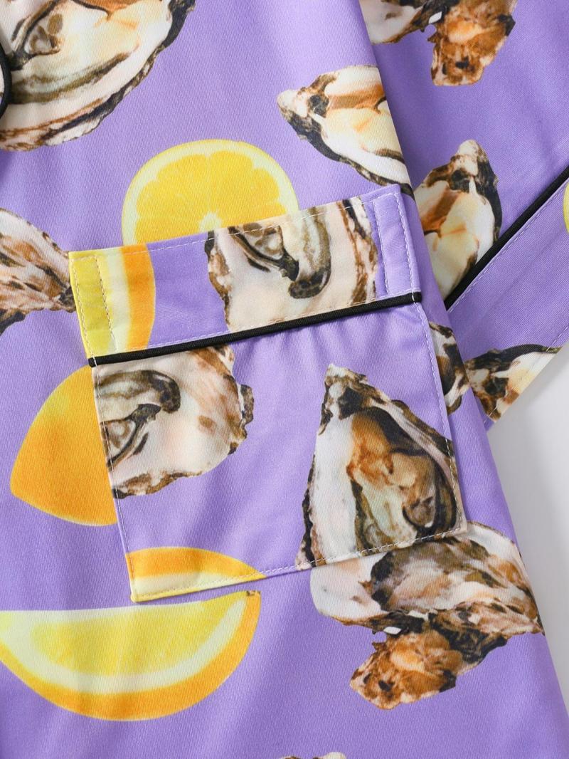 Women's All Over Print Shirt & Shorts Pyjama Two-piece Set, Casual Comfy Short Sleeve Top & Shorts Set, Ladies Sleepwear for All Seasons, Shorts Pj Set