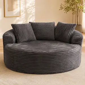 59" W Oversized Round Sofa Bed - Fluffy Lazy Bean Bag, Modern Deep Seat Couch for Relaxation, Plush Corduroy Fabric, 3 Pillows Included, No Assembly Required