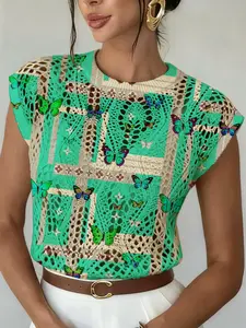 Spring Summer Elegant Boho Mint Geometric Colorblock Butterfly Print Round Neck Sweater, Casual Loose Fit Knit Top