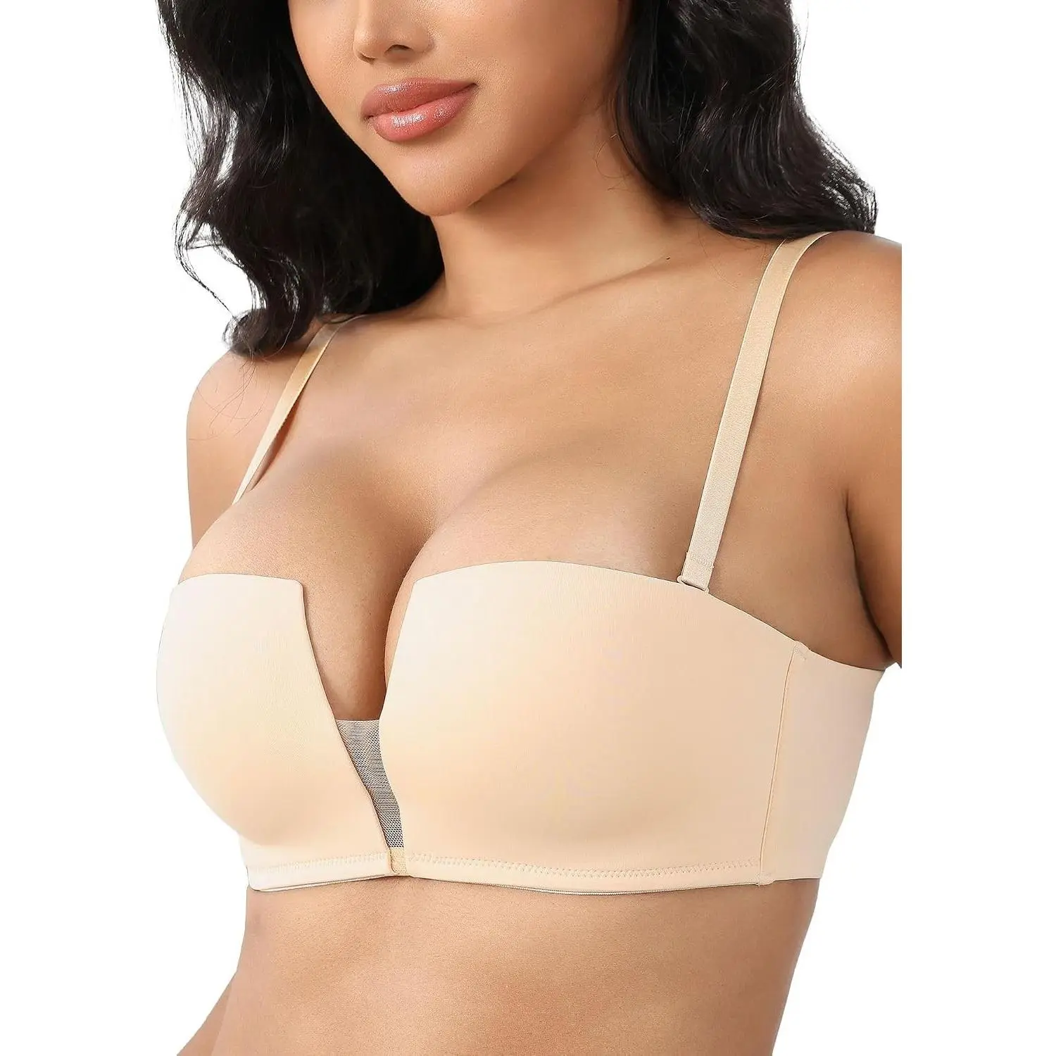 Wireless Push-Up Balconette Bra for Women Add 1 Cup Seamless Padded Demi Half Cup Multiway Adjustable Convertible Clear Straps No Underwire for Square Neck ClothingGift