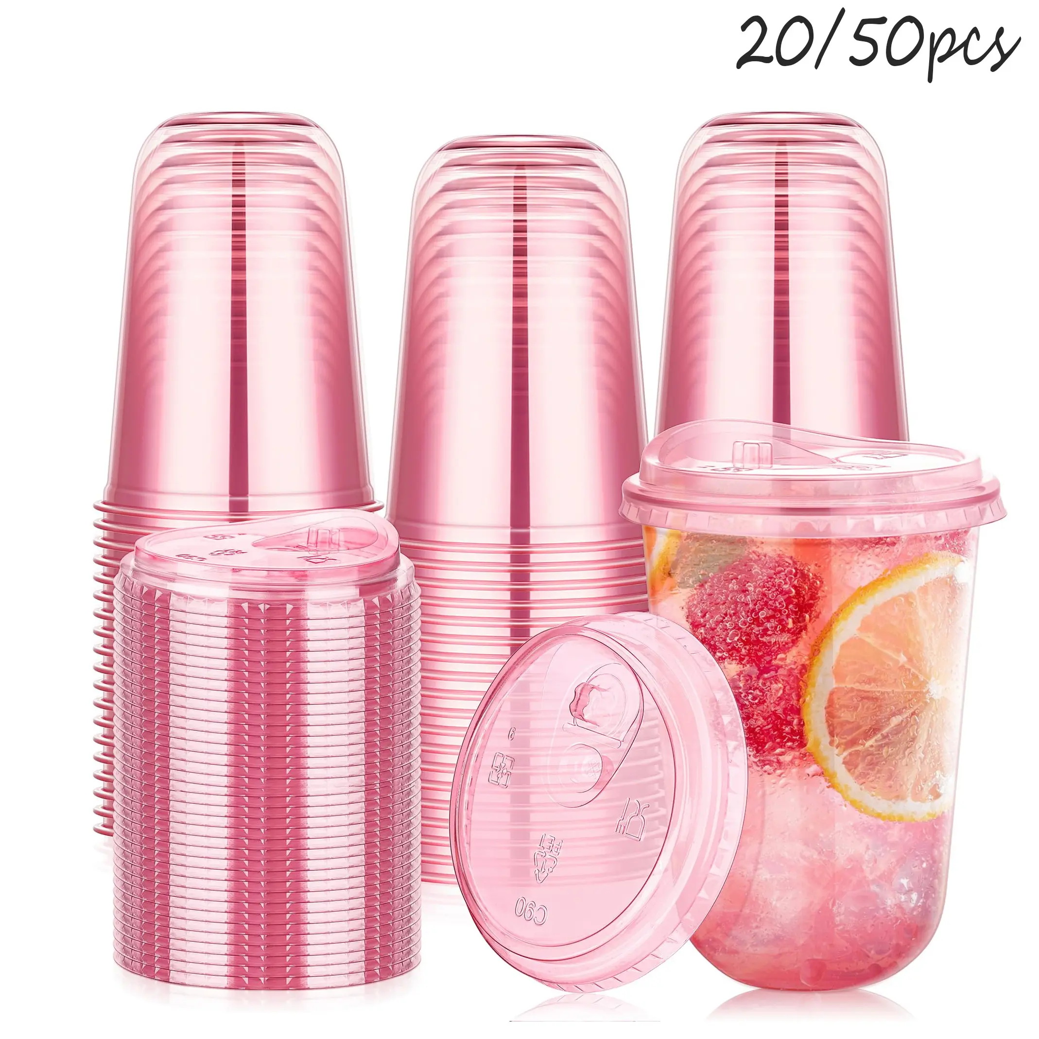 20/50 Pcs 12/16oz Plastic Cups with Straw Lid, Cups with Lids, Disposable Iced Coffee Cups with Round Bottom, Portable Cold Drink Cup, Valentine's Day Party Supplies