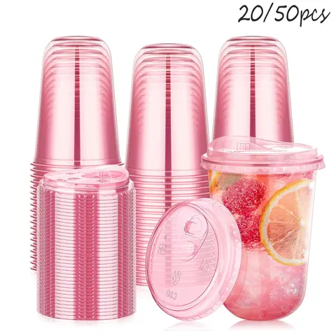 20/50 Pcs 12/16oz Disposable Plastic Cups with Straw Lids, Portable Iced Coffee Cold Drink Cups with Round Bottom, Valentine's Day Party Supplies, Disposable Cups with Lids and Straws