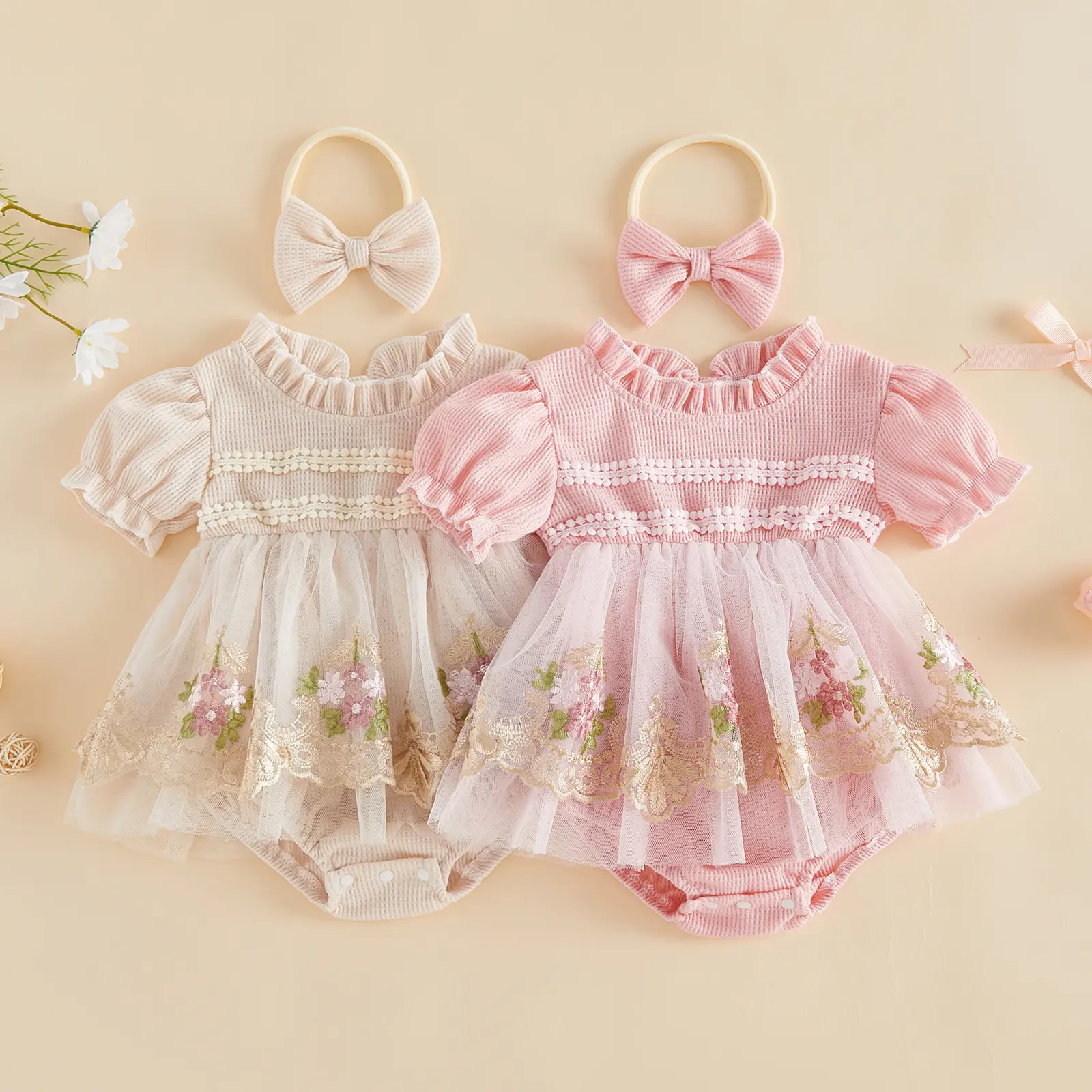 Ma&Baby Summer Baby Girl Clothes Floral Embroidery Layered Tulle Short Sleeve Romper Dress And Bow Headband Set Newborn