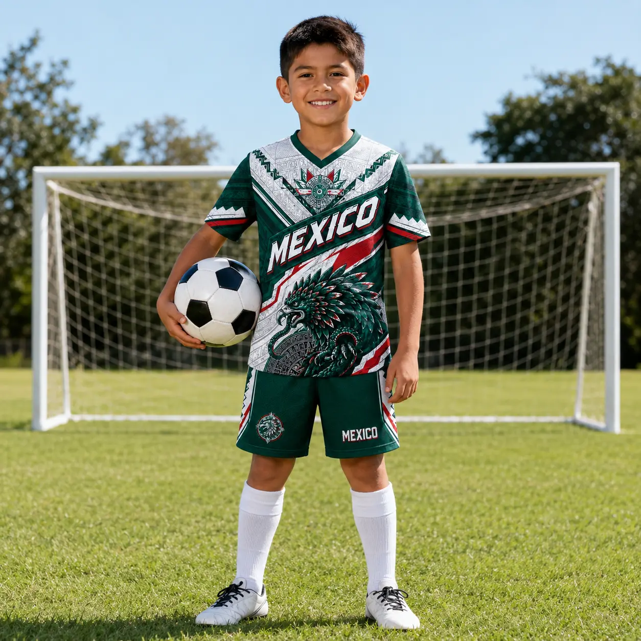 Boys' Sports Set Mexico-Style Short-Sleeve V-Neck Jersey Tee - Styles for Boys and Girls, Aztec Eagle Graphic, Breathable Mesh Fabric, Casual Top