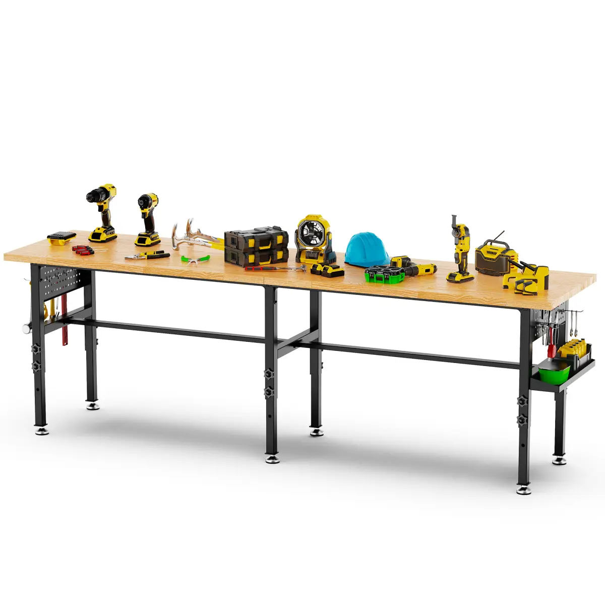 96 Inch Black Adjustable Height Workbench, Heavy Duty Steel Frame Solid Wood Top Work Table, 2000 LBS High Load Capacity Mobile Garage Workstation With Side Pegboard, Built-In Power Outlet and Storage Box for Home Garage Workshop, Sturdy, Rectangle