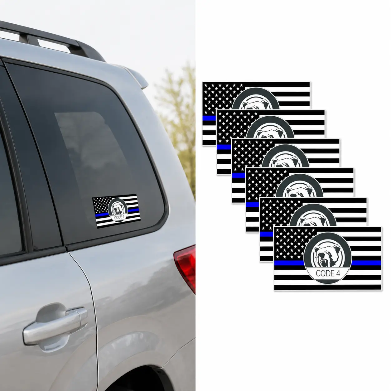 6PCS American-Themed Thin Blue Line CODE 4 Graphic Car Stickers (6×3.16in) - Waterproof Vinyl Automobile Decals, Peel-and-Stick, Water Resistant, Great Gift Choice for Police Supporters, Car/Truck Exterior Decor