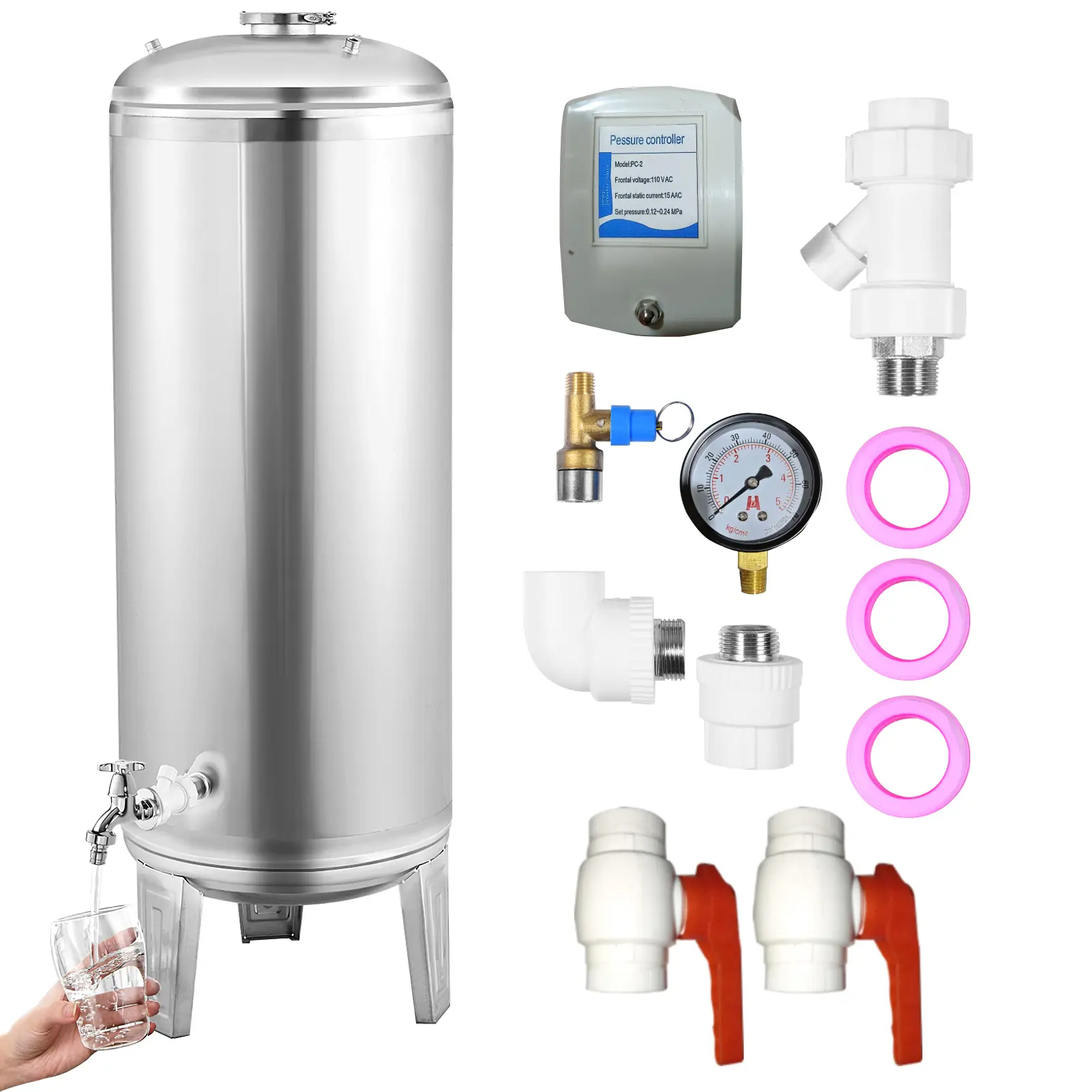Well Water Pressure Tank Vertical Well Pressure Booster Tank 250L Water Pressurized Container with Mounting Kit for Kitchen Garden Farm Staircase Courtyard household cleaning