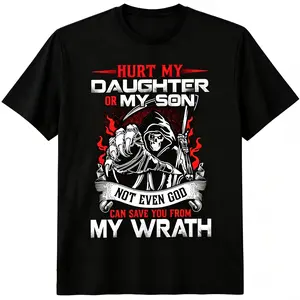 "Hurt My Daughter Or My Son" Father T-Shirt for Men - Grim Reaper Gothic Graphic, Soft Breathable Cotton Crew Neck Short Sleeve, All-Season Summer Spring Casual, Great Protective Dad Streetwear & Gift, Machine Washable