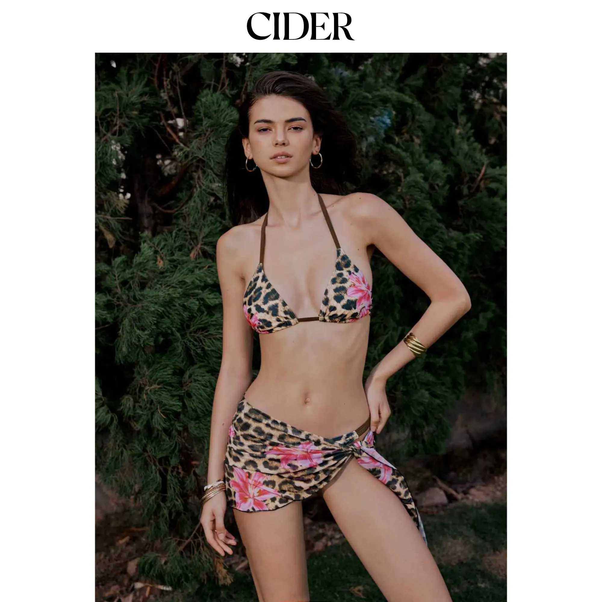 Cider V-neck Floral Leopard Halter Cheeky Bikini Set With Sarong
