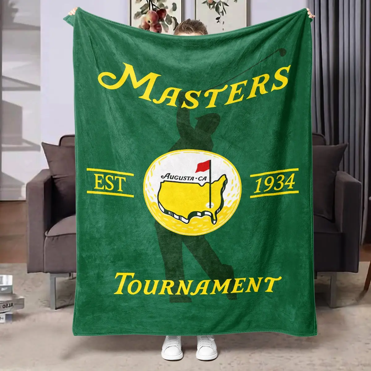 1pc Masters Golf Tournament Sports Fleece Multi Purpose Blanket, Golfer Silhouette, Augusta CA Logo & Masters Tournament Text Print, Classic Premium Golf Sport Style. Soft Multi-use Throw for Sofa, Bed, Office, Camping, Perfect Christmas Gift.