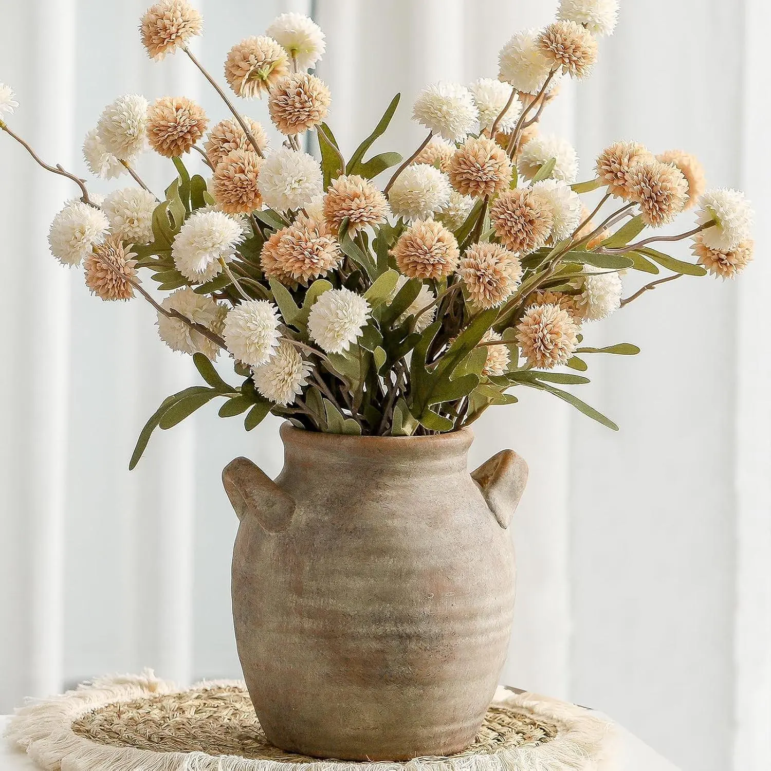 Ceramic Flower Vase with Handle - Farmhouse Home Decor, Vintage Decorative Vase for Living Room Shelf Coffee Table Dining Desk Bookshelf Fireplace (7.1" Retro)Gift