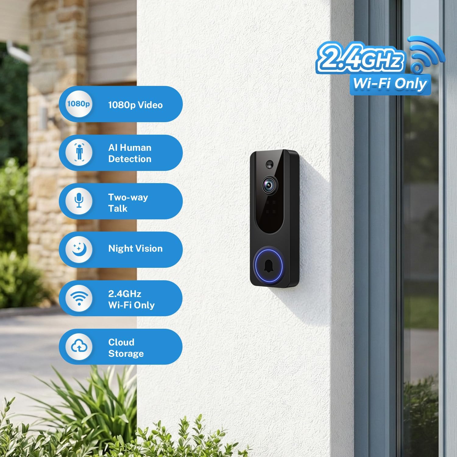 1080P   Doorbell Camera for  Safety, Night Vision, 2-Way Audio, Cloud Storage, AI Human and Motion Detection, Live View,  , Indoor Outdoor
