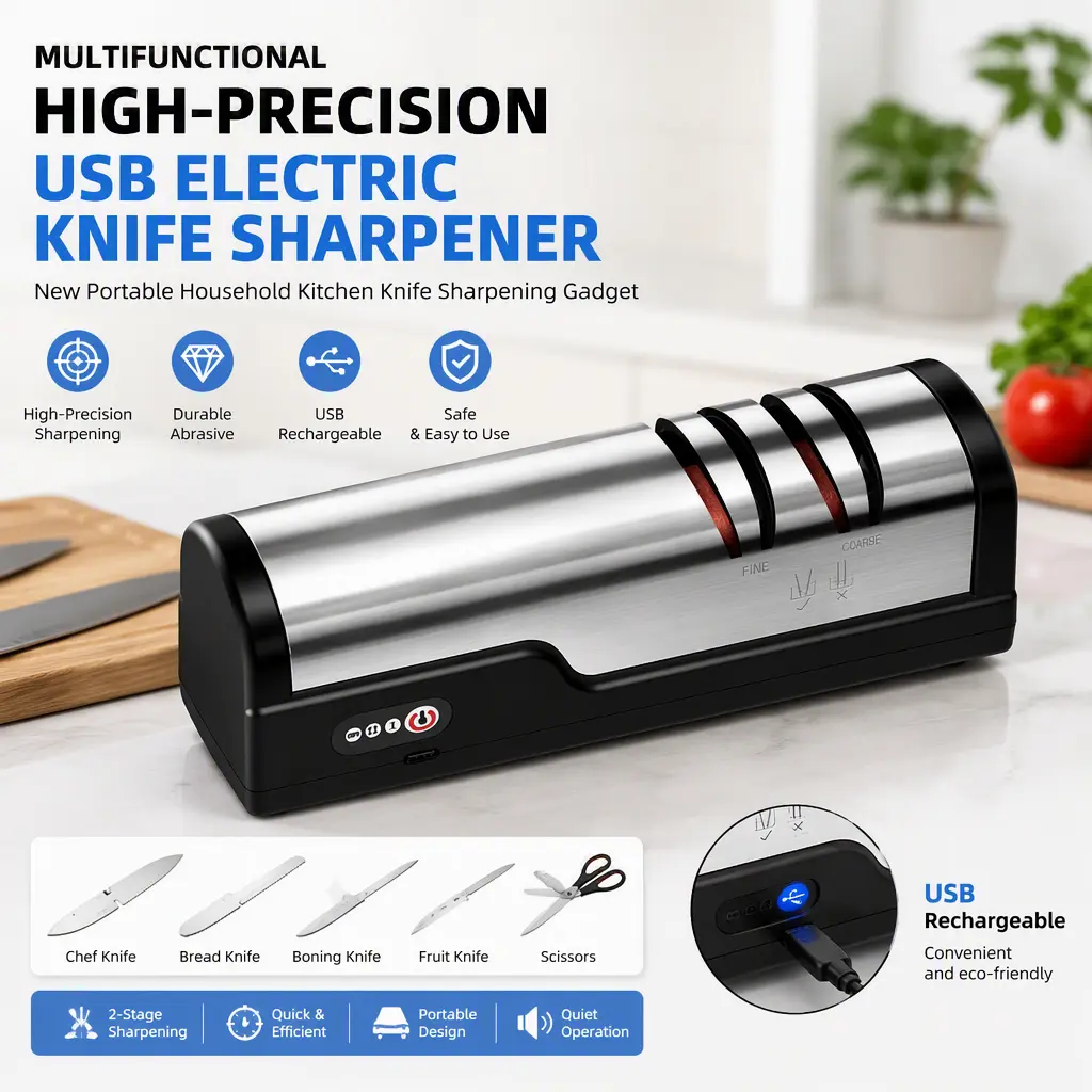New Electric Knife Sharpener | High‑Precision Multifunctional Portable Household Knife Sharpener, USB Powered Electric Knife Sharpener