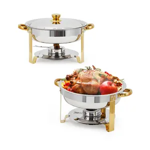 Stainless Steel Chafing Dish Buffet Set - 2/4/6 Pack Round/Rectangle 5QT Detachable Food Warmer Server with Fuel Holder, Hot-Cold Dual Use Pans for Weddings, Banquets, Kitchenware Catering Supplies (Gold)