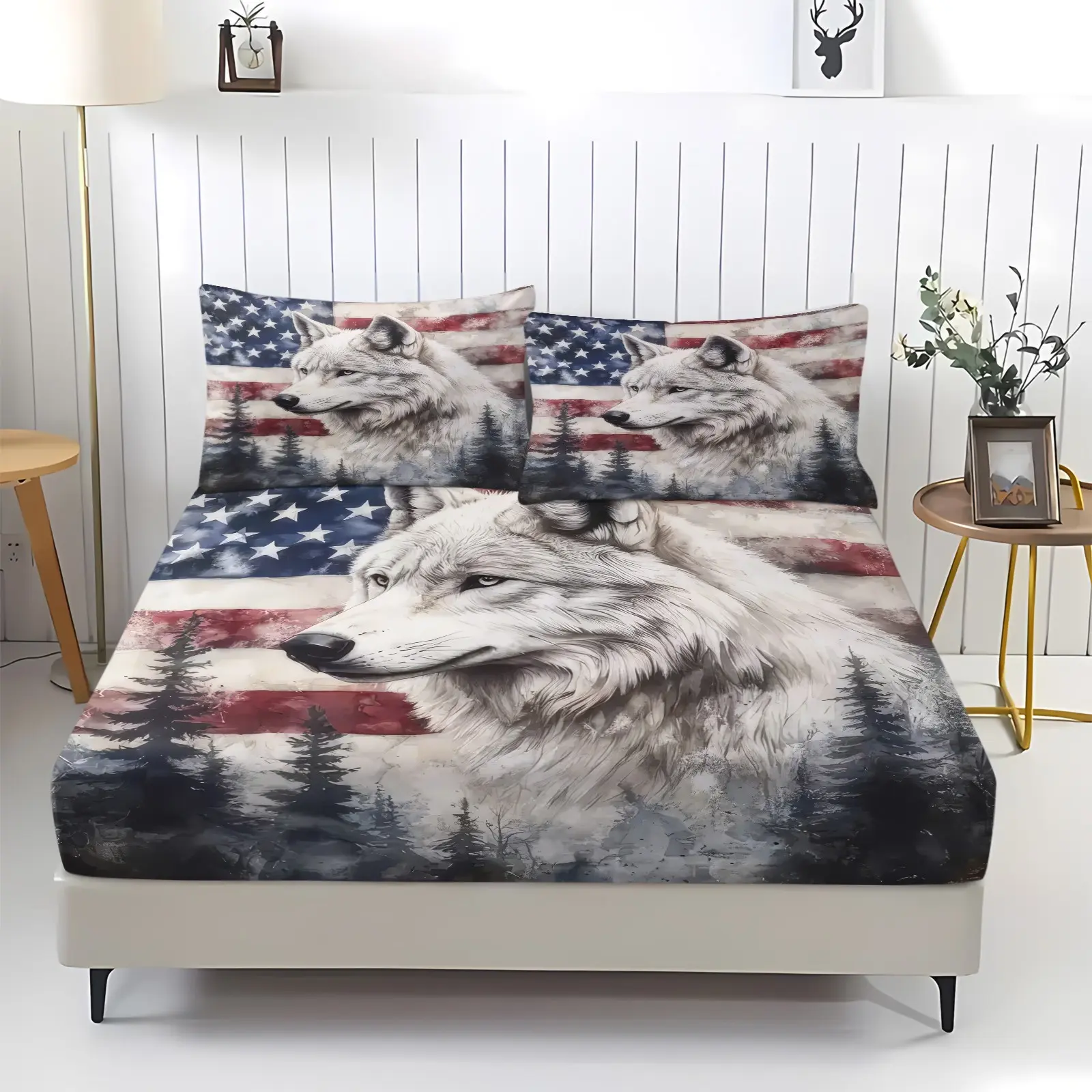 Vintage American Flag Wolf Print Bed Sheet Set, Watercolor Forest Wildlife Design, Durable Non-Slip Mattress Protector, Western Rustic Decor