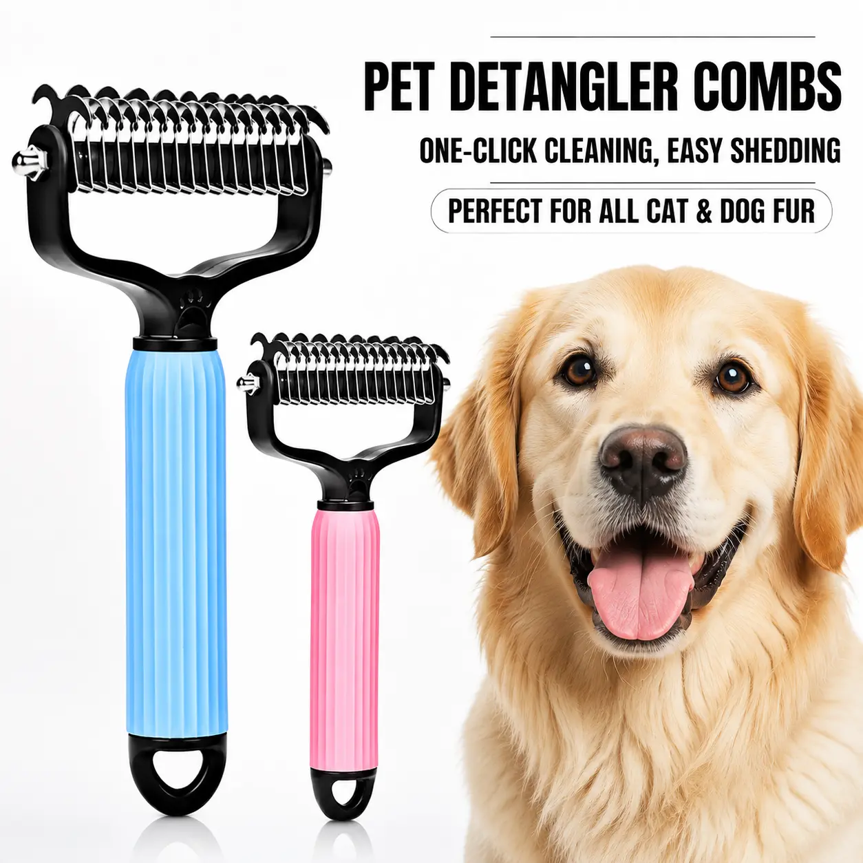 Double-Sided Dog & Cat Deshedding Brush, Stainless Steel Dematting Comb with Undercoat Rake for Long Hair Pet Grooming
