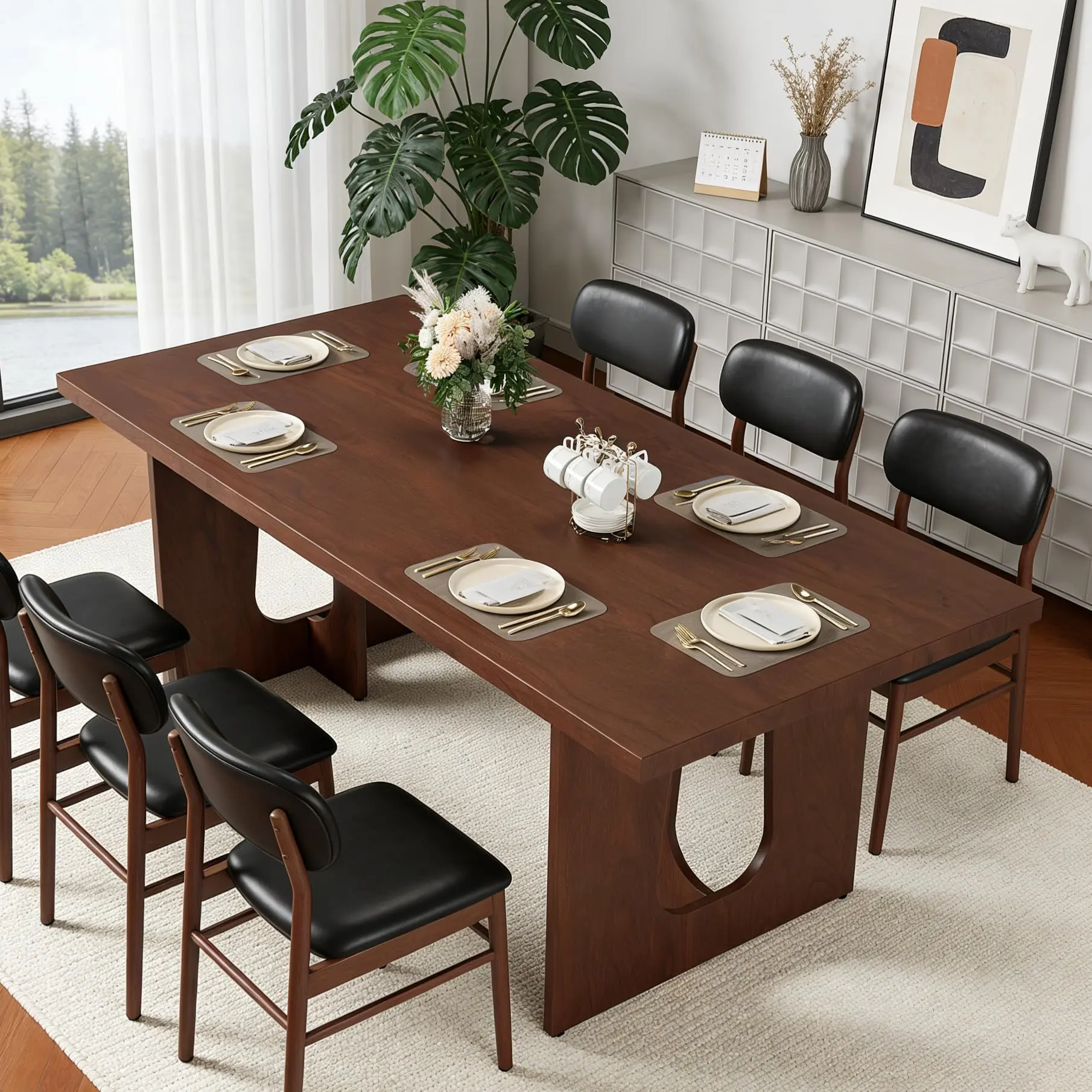 71 Inch Modern Dining Table for 6-8 People Rectangular Wooden Kitchen Table 1.4" Thickened Tabletop Vintage Brown Dining Desk with Artistic T-Shape Legs
