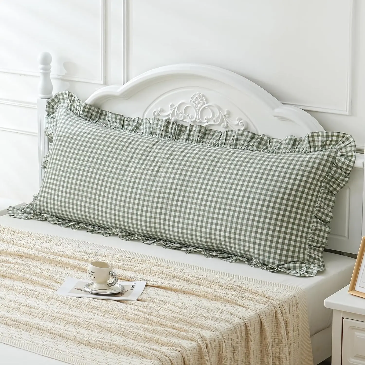 Green White Plaid Ruffled Body Pillow Sham Washed Cotton Shabby Checkered Gingham Pillow Cover 20"x54"