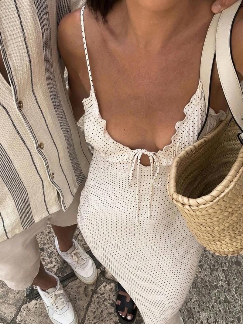 Women's Polka Dot Print Frill Trim Tie Front Cami Dress, Casual Boho Style Fitted Adjustable Strap Zipper Back Midi Dress for Summer, Capri Sun Dress, Ladies Clothes for Beach Holiday, Casual Boho Fashion