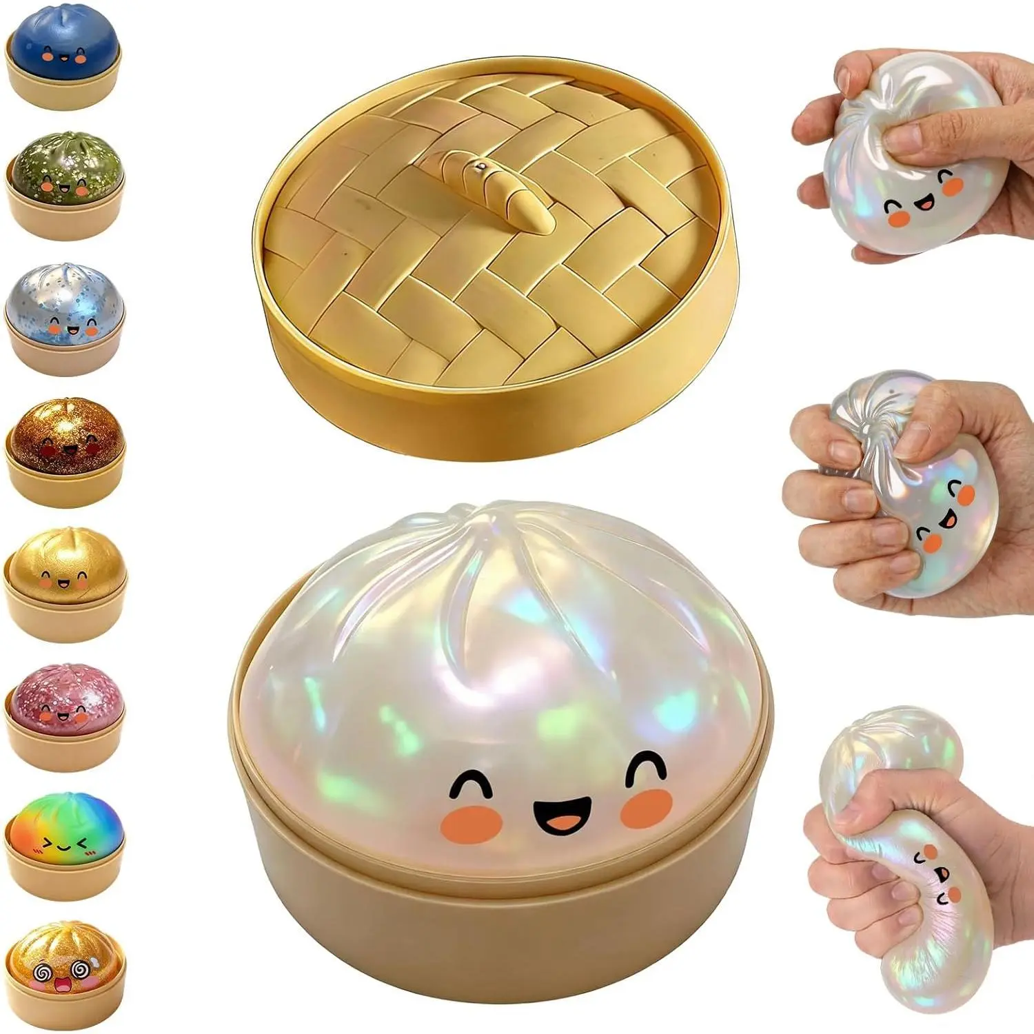 Glitter Dumpling Squishy,Dumpling Squishies,Glitter Dumpling Mystery Box,Colorful Dumpling Stress Balls Fidget,Jumbo Squishy Toy with Steamer Box Suitable for Adult use in Offices (Glitter White)