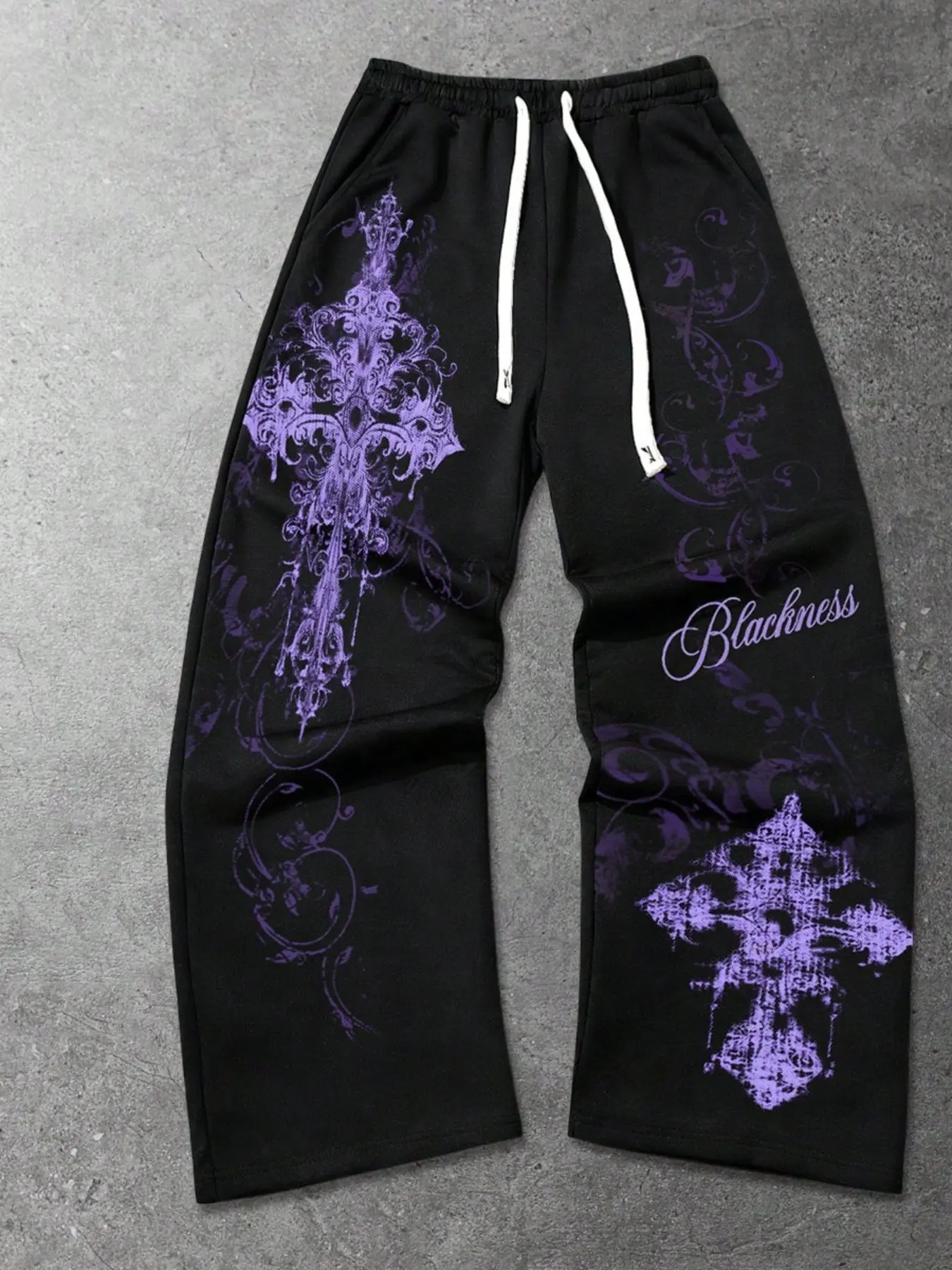Men's Black Gothic Purple Cross Vine Print Wide Leg Sweatpants | Baggy Drawstring Casual Pants | Y2K Retro Streetwear Joggers for Skater Parties & Hip Hop Style