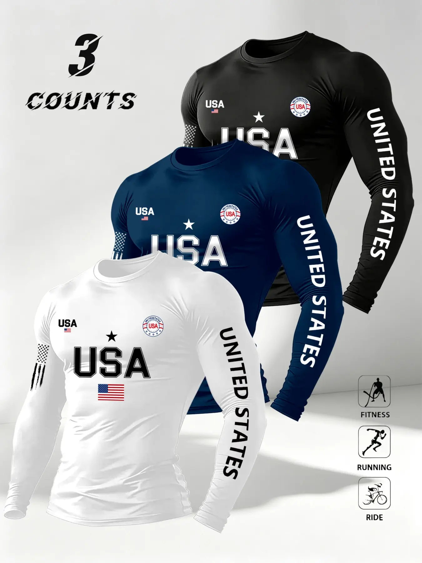 Three-Piece Usa Flag Print Compression Long Sleeve T-Shirt, Slim Fit, Quick-Dry, Breathable, Sporty, Men's Running Cycling Training Top