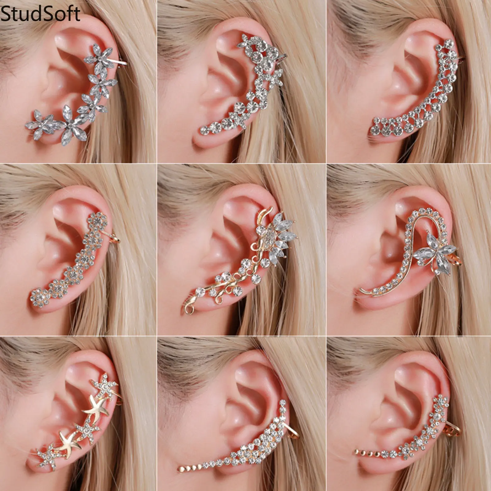 Rhinestone Ear Cuffs - Women's Fashion Silver-Gold Ear Climber Crawler Earrings, Non-Pierced Clip-On Fit, for Evening Wear, 1-Piece Costume Jewelry, One-Piece