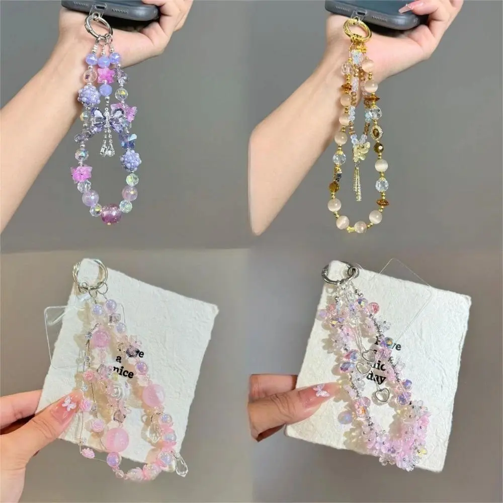 Women's Korean Sparkling Pink Imitation Crystal Bead Keychain, Purple Tassel Accent, Simple Shiny Finish DIY Felt Craft Accessory for Bag Phone Lanyard Pendant