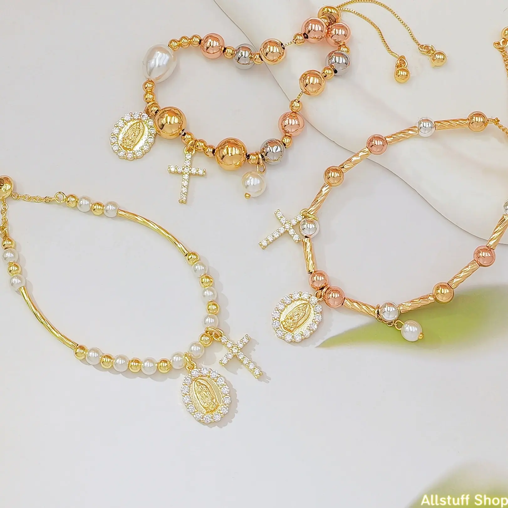 Three-color gold bead Virgin Mary bracelet, zircon cross pearl adjustable religious bracelet.