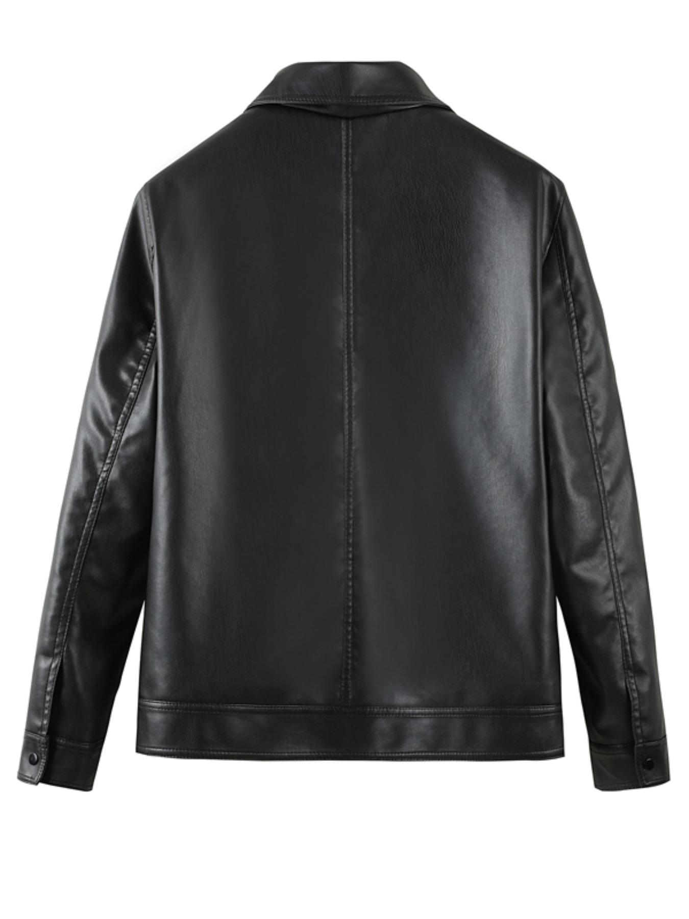 Men's Regular Fit Solid Zipper Pocket PU Leather Jacket, Casual Long Sleeve Collar Outerwear for All Seasons, Fashion Men's Clothing for Daily Wear