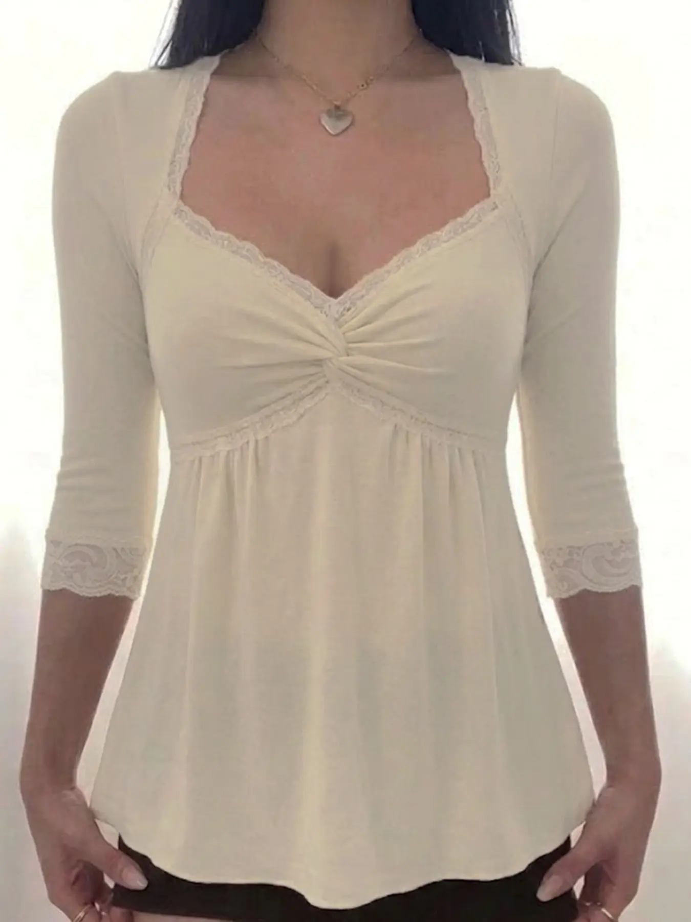 Light Lace Knot V-Neck Mid Sleeve Top Fabric, Sexy Loose-Fitting A-Line Hem Women's T-Shirt, Fall Solid Pattern Fashion